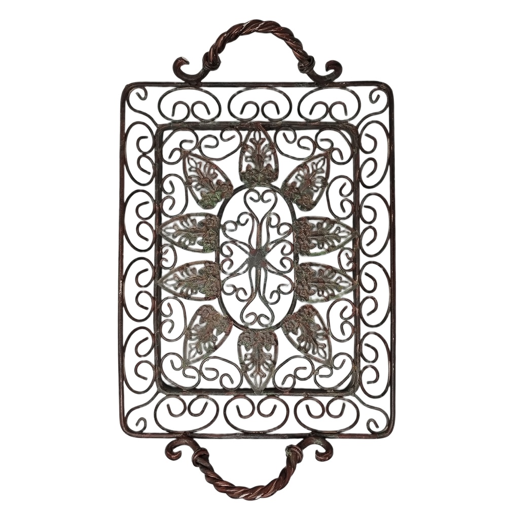 Farmhouse Cottagecore Metal Filigree Serving Tray Rectangular Twisted Handle